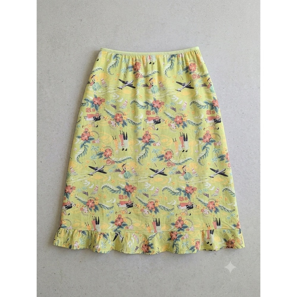 Vintage Loco Lindo Lime Green Tropical Hula Dancer Tiki Crepe Midi Skirt